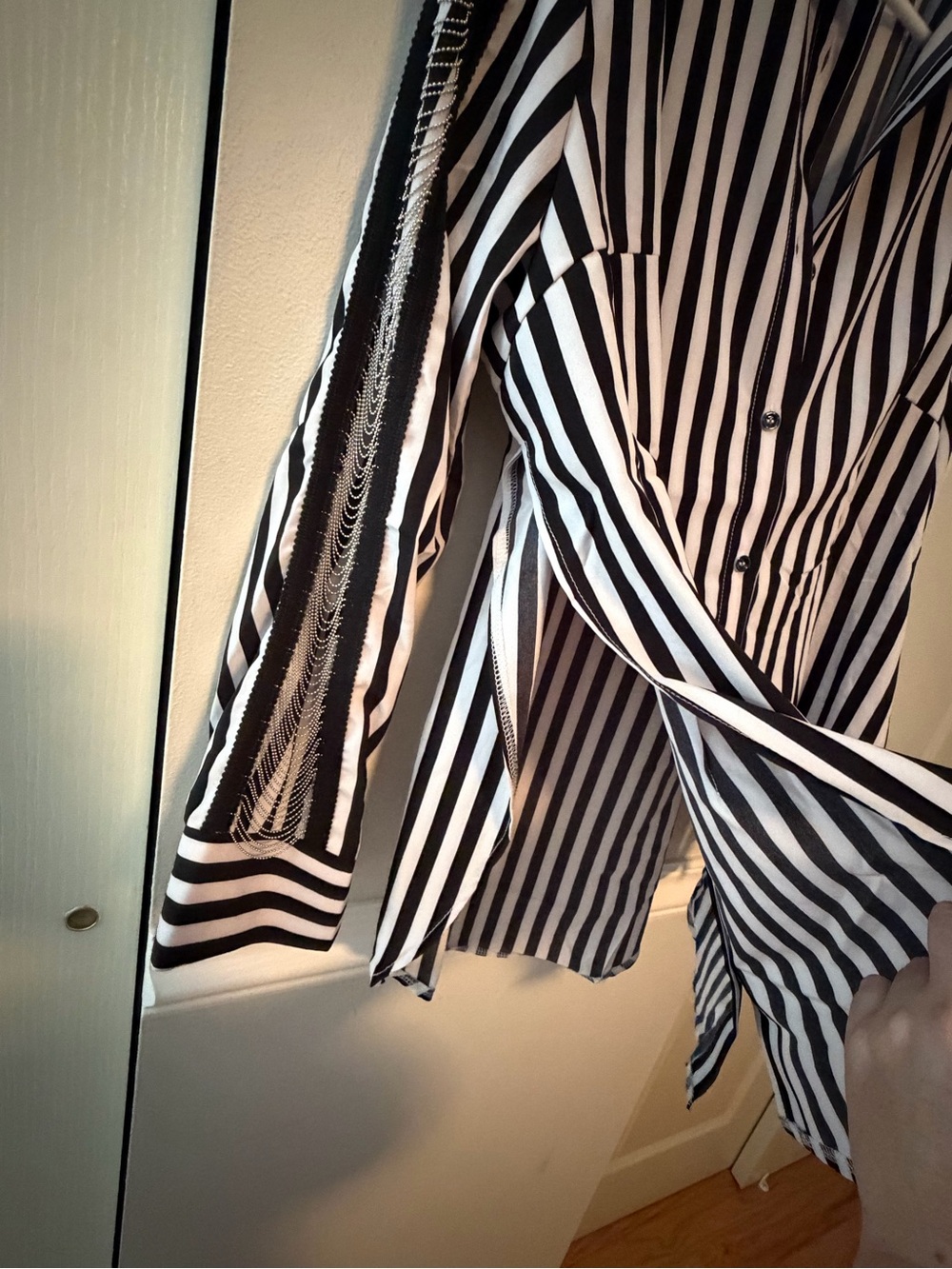 Women’s Black & White Vertical Stripe Button-Down Shirt - Classic Collared Top - Picture 4 of 5